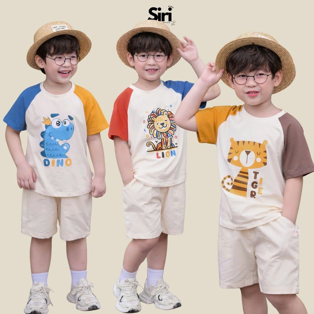 Funny Animal เสื้อยืดผ้าฝ้ายและกางเกงขาสั้น ชุดสําหรับเด็กผู้ชาย 1 ถึง 7 ปี SIRI H0226B06D