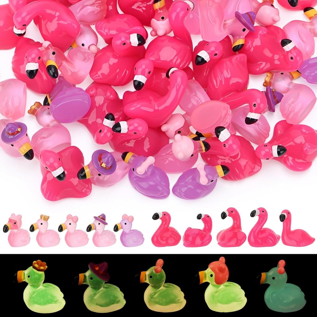 50pcs Luminous Mini เรซิ่น Flamingo สีชมพู Tiny Miniature Famingo ตุ๊กตาขนาดเล็กเรซิ่น Famingo จํานว