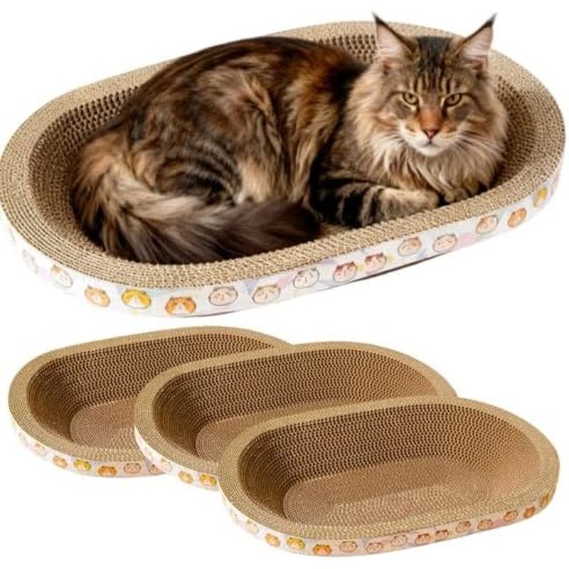 3 Pack Large Cat Scratcher Cardboard, Oval Cat Scratcher Bed Cat Scratch Pad Board Lounge Couch for 