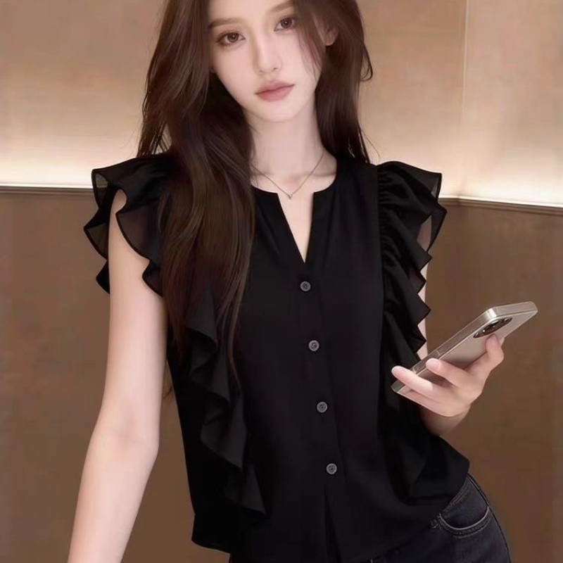 เสื้อแขนสั้น V คอสำหรับผู้หญิง แบบฝรั่งเศสรัดรีบ ทันสมัย และดูหรูหรา