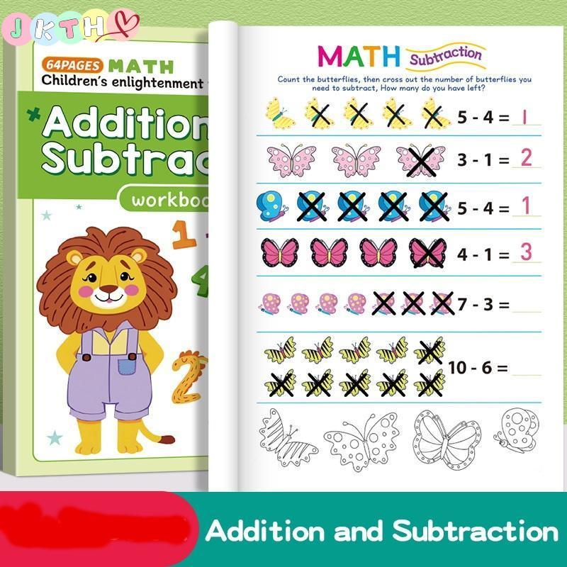 JKTH 1 ชุดสนุก 64 หน้าหนังสือคําถามเลขคณิตบวกและลบการออกกําลังกายภายใน 10 ภาพคอลัมน์ตําแหน่งการคํานว