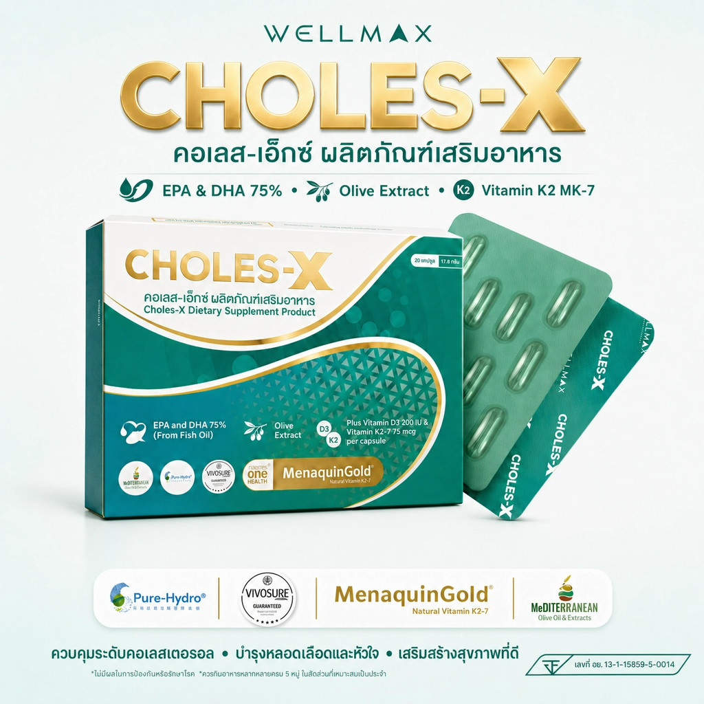 CHOLES-X (คอเลส-เอ็กซ์) อาหารเสริมรวม Omega 3 และมะกอกสกัด เสริมดูแลไขมันสะสมในชีวิตประจำวัน