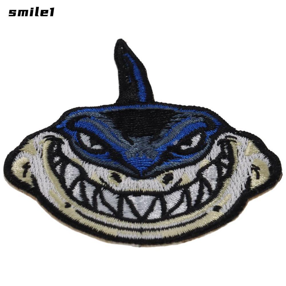 SMILE Evil Smile Shark Patch เหล็กบนแพทช์ปักเย็บ 6.1*6.5cm Blue, แพทช์ปักเย็บบนเย็บปักถักร้อยสําหรับ