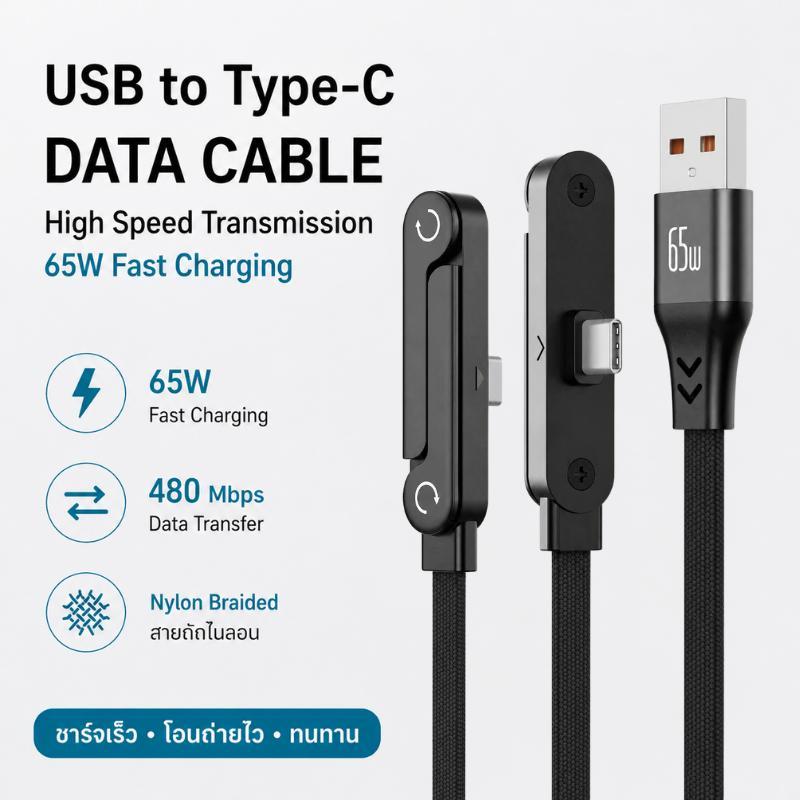 สายชาร์จความเร็วสูง65W พร้อมแท่นวางโทรศัพท์ชนิด C ถึง Type-C สายสำหรับ iPhone 15ขึ้นไป/Android ยาว 1.5เมตร พกพาสะดวก