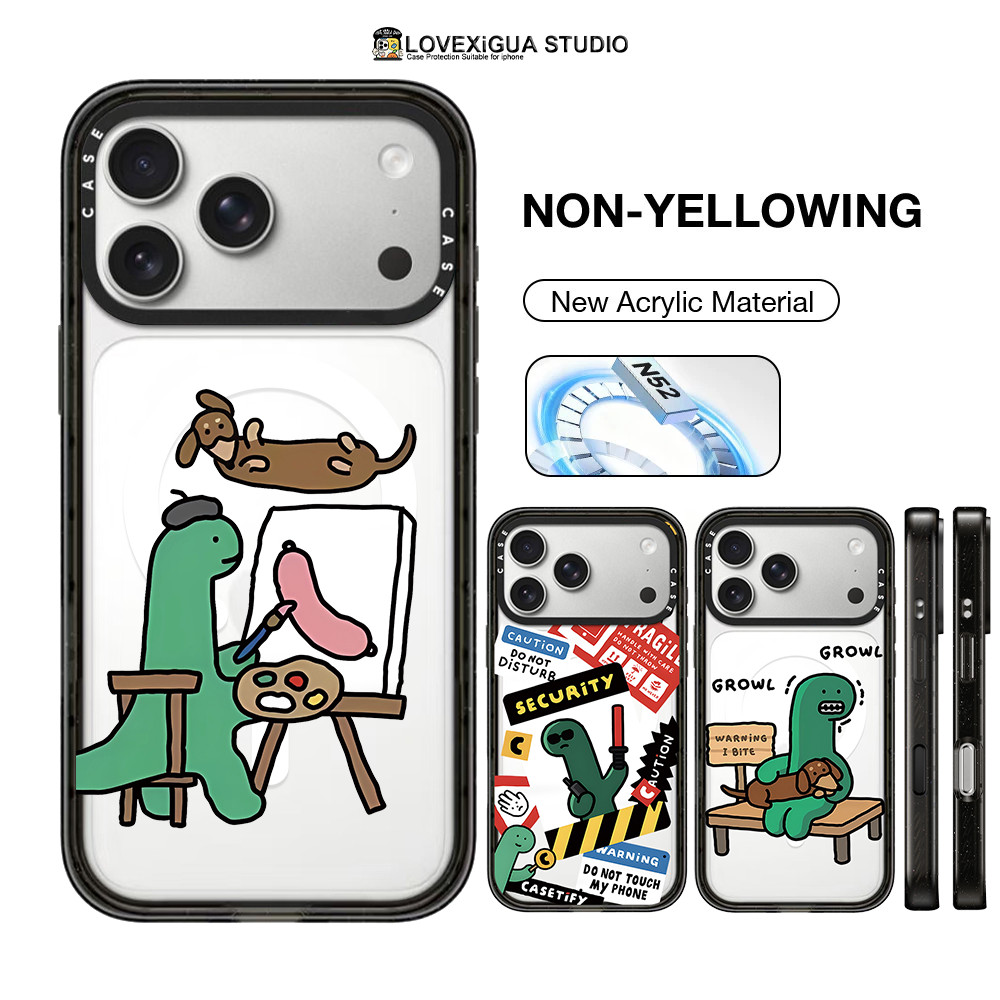 น่ารักศิลปะไดโนเสาร์อะคริลิคแม่เหล็กเคสโทรศัพท์สําหรับ iPhone 17 Pro Max 17Air 16 15 14 13 Pro Max กรณีกันกระแทกป้องกันปลอกปก