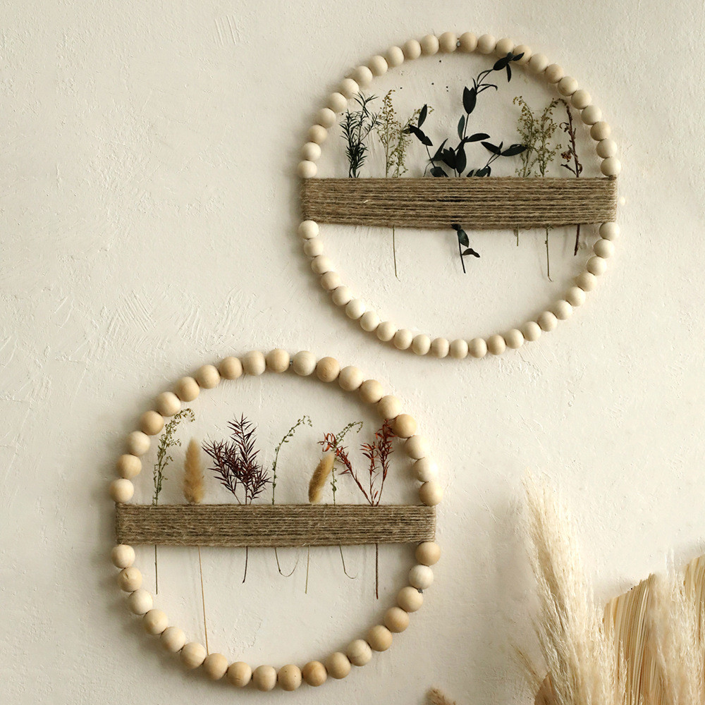 Wooden bead and hemp rope woven circular wall hanging decoration Minimalist homestay bedroom decorat