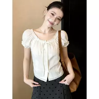 MIMI[สินค้าพร้อมส่ง]เสื้อเชิ้ตครอปผ้าลูกไม้สำหรับผู้หญิง ทรงเข้ารูปทันสมัย ​​มีโบว์ประดับ สวยงามและน่ารัก สีขาว#W722