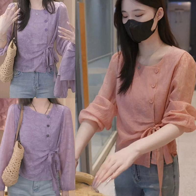 PoPpy เสื้อชีฟองลายทางแขนยาวสำหรับผู้หญิง สวมใส่ได้หลากหลาย มีสายผูกด้านข้างช่วยให้ดูเอวเพรียว มีหลายสีให้เลือก#99405