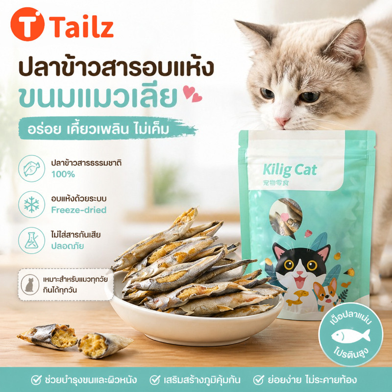 Tailz ปลาไข่แมว ปลาไข่ฟรีซดราย ขนมแมว ปลอดภัย ไม่มีสารเติมแต่ง อบแห้ง แมวชอบมาก ธรรมชาติ