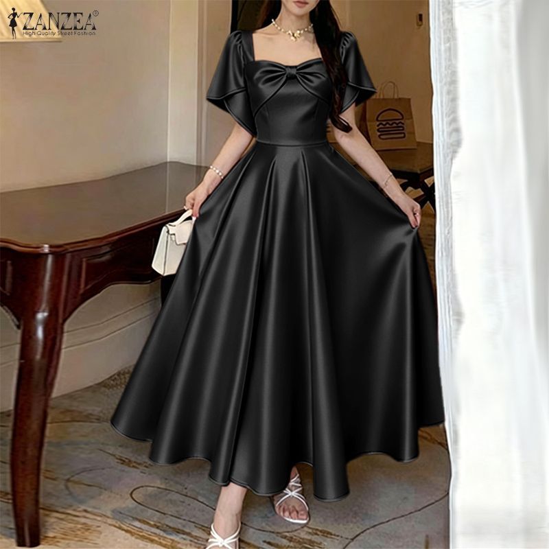 ZANZEA ผู้หญิงเกาหลีชุดราตรีอย่างเป็นทางการสแควร์คอกลีบแขน Bowknot Design A-Swing Dresses — صورة 4