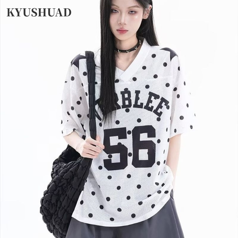 เสื้อยืดเจอร์ซีย์ตาข่าย ลายจุดคลื่นระดับไฮเอนด์ สไตล์ย้อนยุคสำหรับทั้งผู้ชายและผู้หญิง