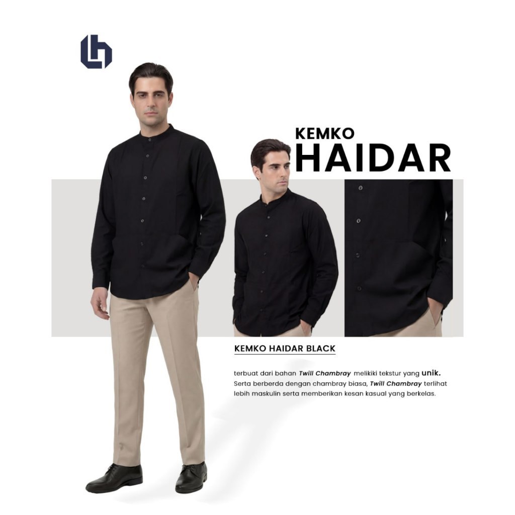 KATUN KEMEJA Luqman Hakim - Kemko Haidar Black - เสื้อเชิ้ต Koko สําหรับผู้ชายมุสลิมแขนยาววัสดุ Cott