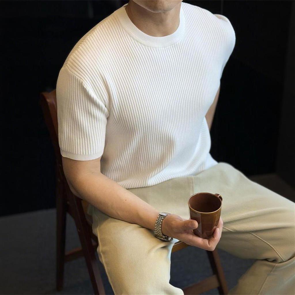 Old Money Style Pit Strip Round Neck Short-Sleeved Sweater Men Summer Slim-Fit Men Skin-