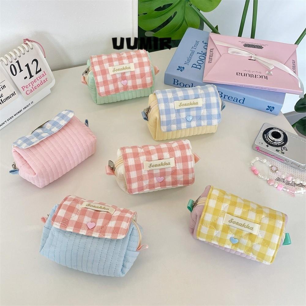 UUMIR กระเป๋าเก็บหูฟัง, Quilted Contrast Color Camera Storage Bag, Fashion Snap Button Flip Cover Key Card Holder for Women Girls