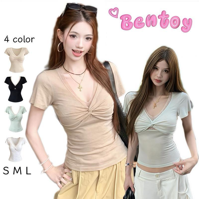 Bentoy พร้อมส่ง 2126 เสื้อยืด สายแซ่บห้ามพลาด! มีS/M/L ครบทุกไซส์ ดีเทลลูกไม้หน้าอด คอวี ตัวเดียวจบทุกโทน