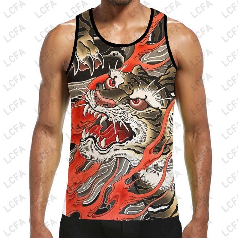 เสื้อกั๊กคอ O พิมพ์ลาย 3D Flame Tiger สําหรับผู้ชาย สไตล์ STREETWEAR พร้อมสวมใส่สําหรับออกกําลังกายแ