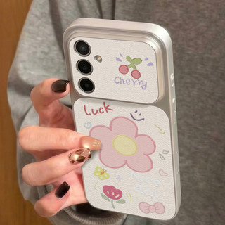 INS เคสไอโฟน for Samsung A07 A17 A56 A55 A54 A36 A16 A05S S23 S24 S25 Ultra S25 FE ดอกไม้น่ารัก หรูหรา วัสดุหนังแกะผสม