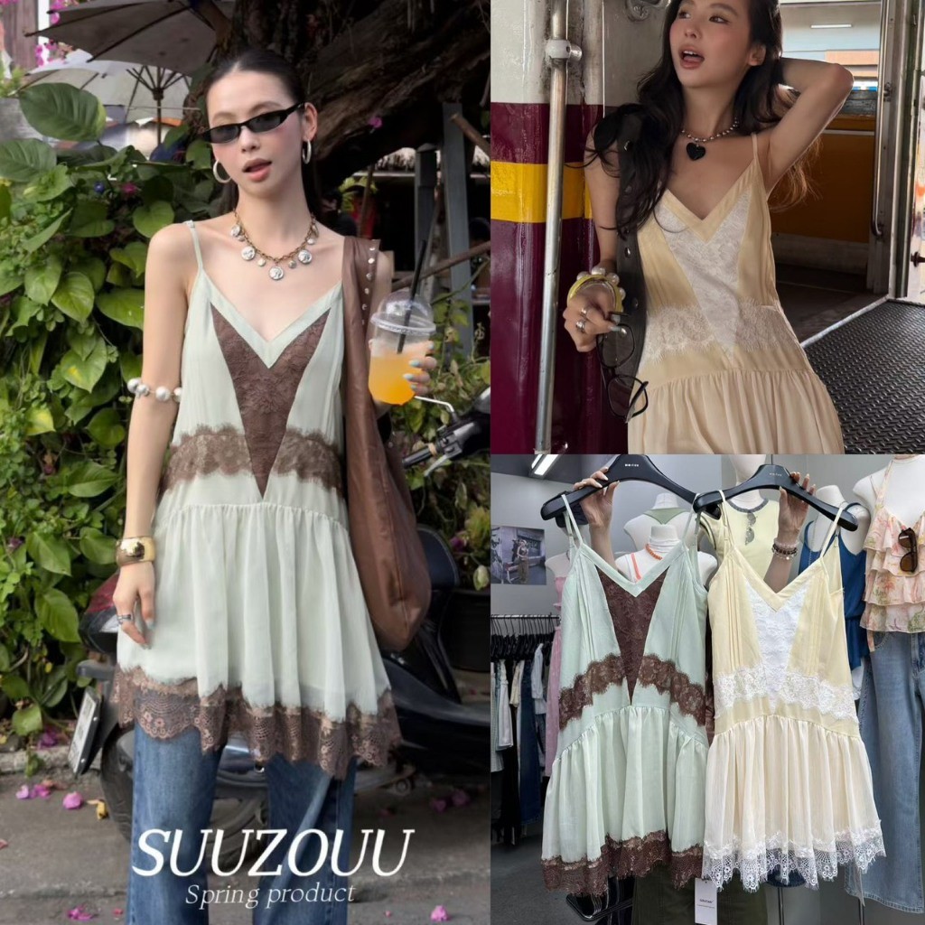 ❤ 🧵 🇰🇷 SU287 เดรสสั้นสายเดี่ยว สายปรับได้ แต่งผ้าลูกไม้ ชายแต่งระบาย ผ้าดีมีน้ำหนัก สีสวย แฟชั่นเกาหลี TAG MM Fish 🧡