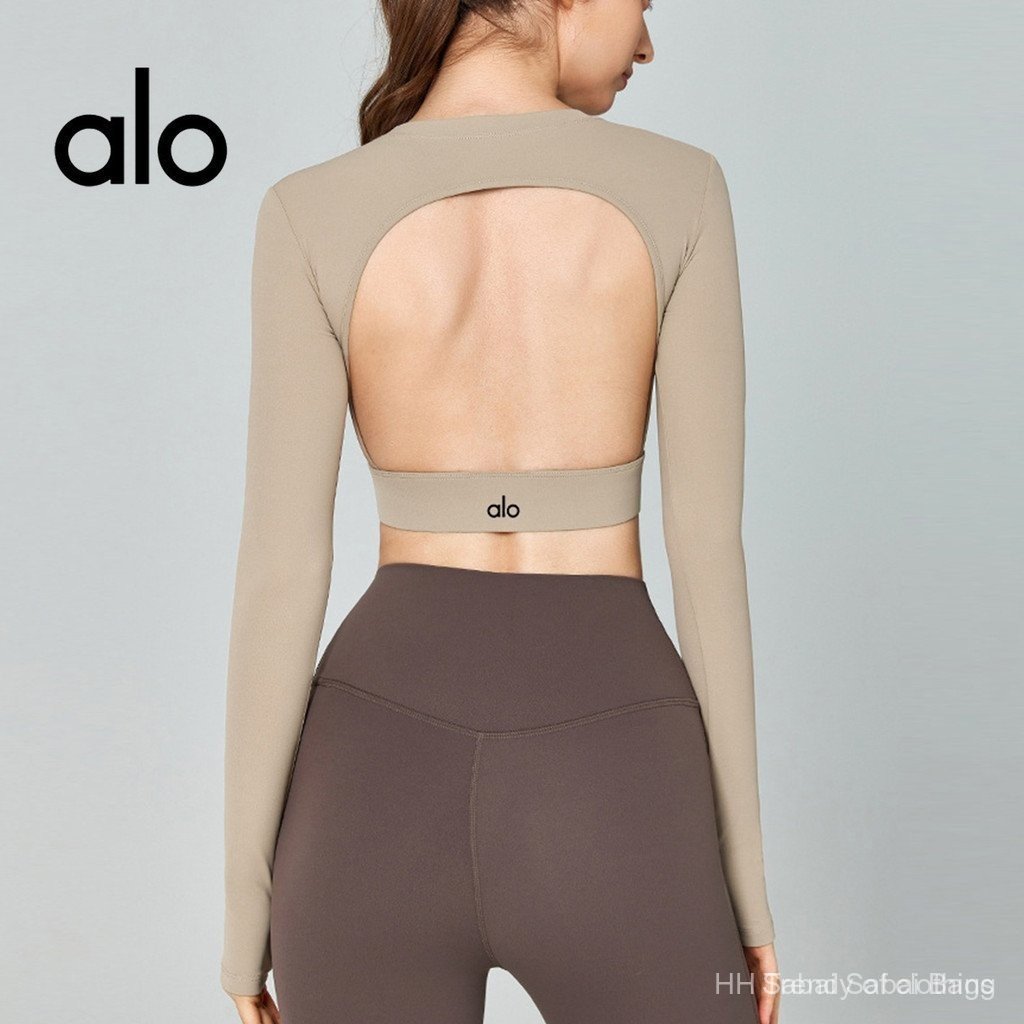 ALO YOGA สุภาพสตรี YOGA ชุด Quick-Drying ถ้วยคงที่วิ่งออกกําลังกายเสื้อยืดแน่นกีฬาพิลาทิส