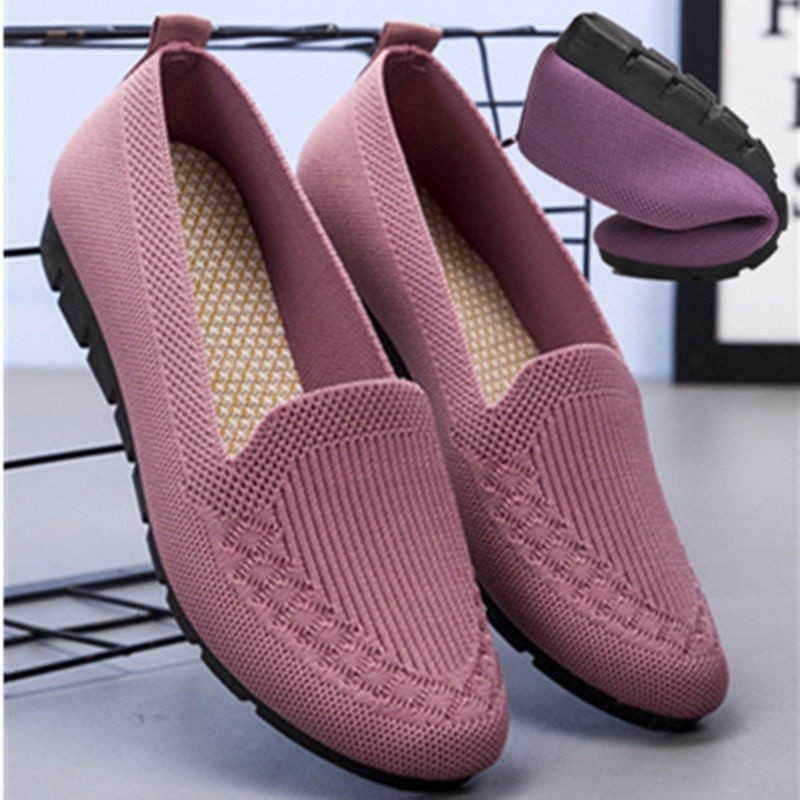 DE9 Kasut Wanita ผู้หญิงกีฬา Breathable ตาข่าย Fly ทอผ้าน้ําหนักเบา Soft Sole Lazy Flats รองเท้า