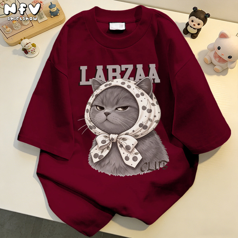 【จัดส่งตลอด 24 ชั่วโมง】NFV แฟชั่นเกาหลี💕เสื้อยืดแขนสั้นคอกลม Oversized ทรงหลวม ลายพิมพ์แมวน่ารัก ผ้าฝ้าย YG1438