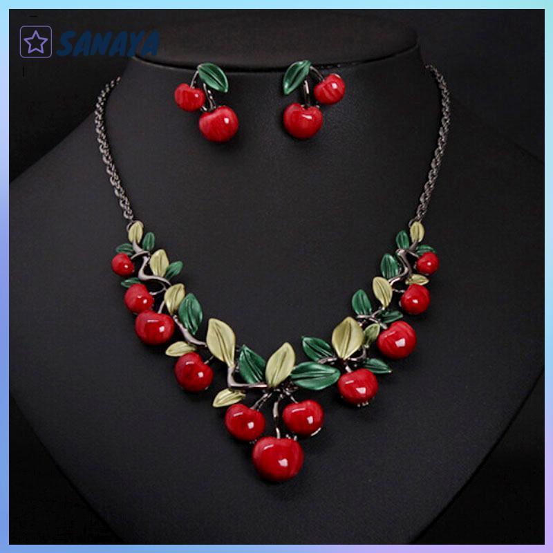 Dwi ชุดสร้อยคอเชอร์รี่สีแดง1ชุด, สร้อยคอต่างหูห้อยคอตกแต่งปาร์ตี้งานแต่งงาน