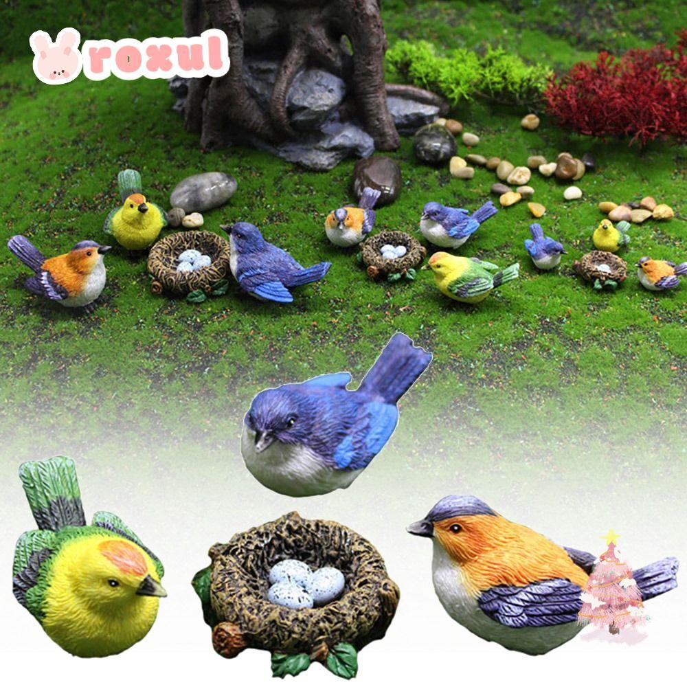 ROXUL Miniature นก Figurines, Multicolor Mulitisize Faux Birds Nests รูปปั้น, Creative อุปกรณ์ตกแต่งบ้านบอนไซ Embellishment จําลอง Sparrow รุ่นกลางแจ้งในร่ม