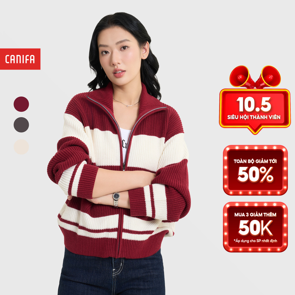 CANIFA เสื้อคลุมไหมพรมผู้หญิงแขนยาวและคอปกเปิดลง 6OT25C003