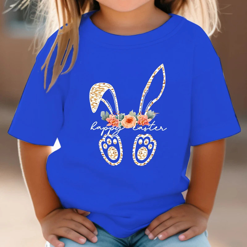 2026Kids เสื้อยืดเสือดาวพิมพ์กระต่ายดอกไม้พิมพ์เสื้อยืดผู้หญิง O-คอสั้นแขนสั้นฤดูร้อน Tops Bad Bunny