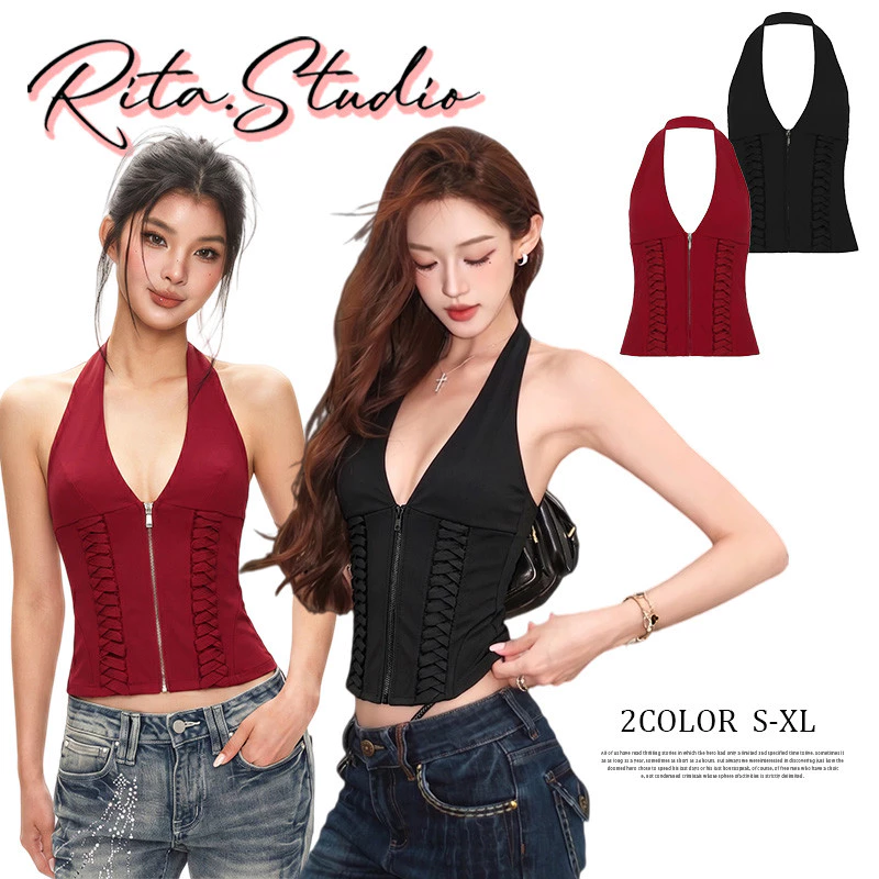 Rita พร้อมส่ง🍒ฮิตมาก Corset เสื้อคล้องคอคอวีลึก ซิปหน้าแต่งสายไขว้ โชว์หลัง เซ็กซี่ ดูแพง พรางหุ่น ทรงสวย แฟชั่นผู้หญิง
