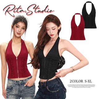 Rita พร้อมส่ง🍒ฮิตมาก Corset เสื้อคล้องคอคอวีลึก ซิปหน้าแต่งสายไขว้ โชว์หลัง เซ็กซี่ ดูแพง พรางหุ่น ทรงสวย แฟชั่นผู้หญิง