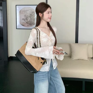 เสื้อเชิ๊ตพื้นผิวฝรั่งเศสสำหรับผู้หญิงฤดูใบไม้ผลิและฤดูร้อนเสื้อลูกไม้บาง jacquard เสื้อป้องกันแสงแดดเสื้อแขนระฆังบาง