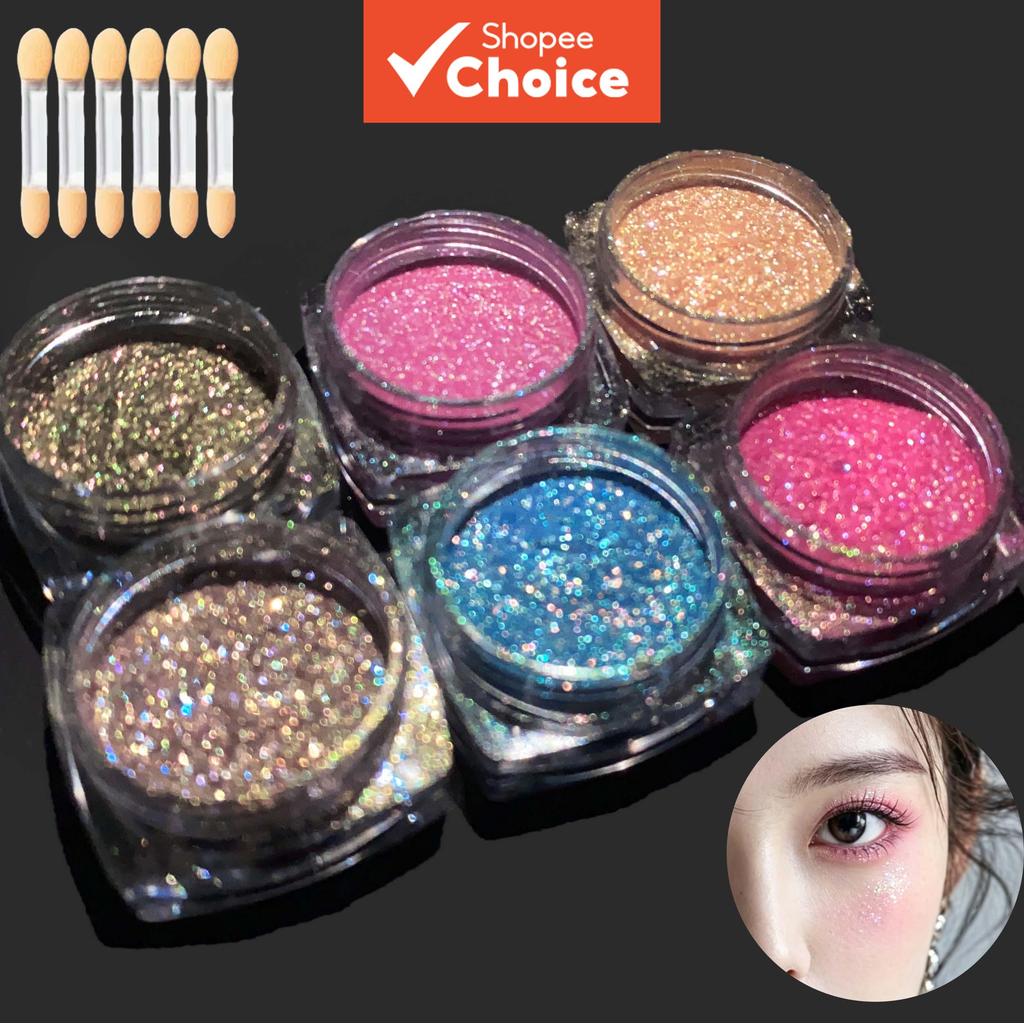 SparkleMix Glitter Eyeshadow Set, High Pigment Shimmer Eye Makeup, 6 สี + 6 แปรง Kit, Holiday Party Cosmetic Gift