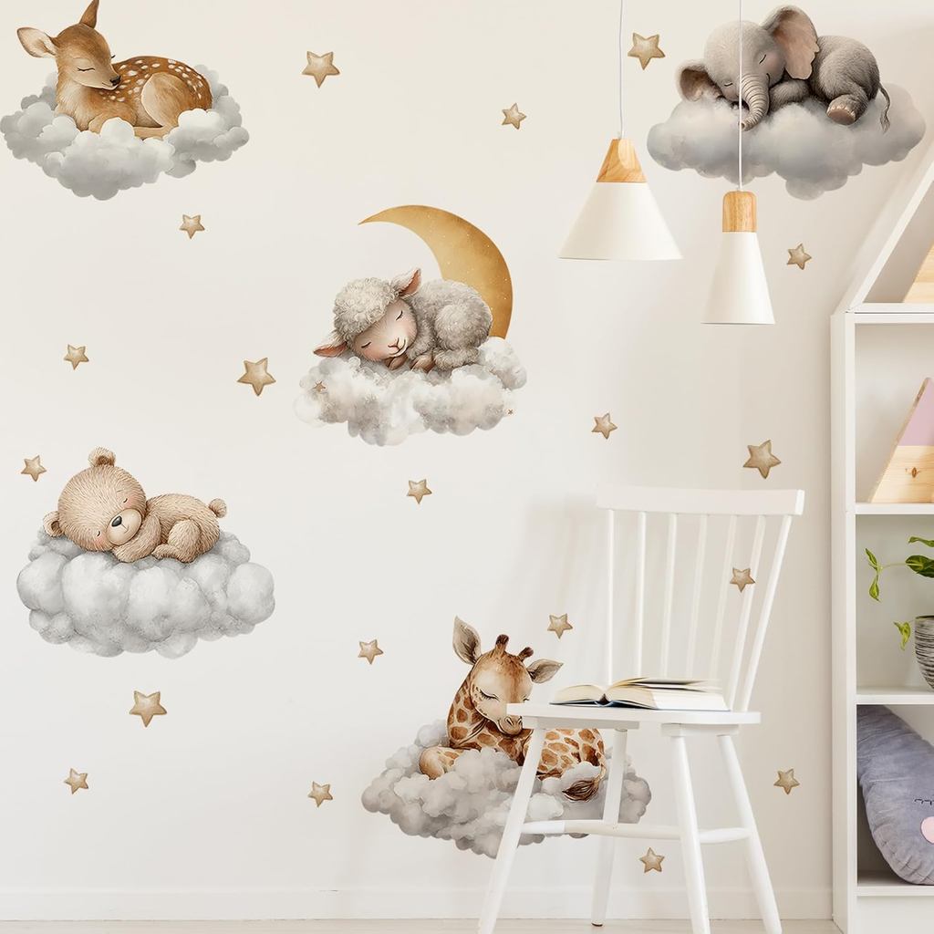 สัตว์นอนสติ๊กเกอร์ติดผนัง,Dreamy Clouds & Star Theme Art สติ๊กเกอร์ติดผนังตกแต่ง,ลอกและติดช้าง,หมี,ก