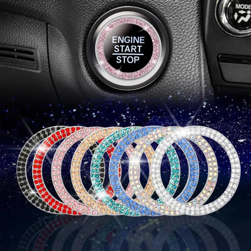 รถ One-Click เครื่องยนต์เริ่มหยุดปุ่มสวิทช์ 1ps คริสตัลคู่ Rhinestone สติกเกอร์จุดระเบิดเริ่มต้นสวิทช์ป้องกันแหวนกาวที่แข็งแกร่งไม่ตกปิด Universal Fit รถยนต์ส่วนใหญ่ A