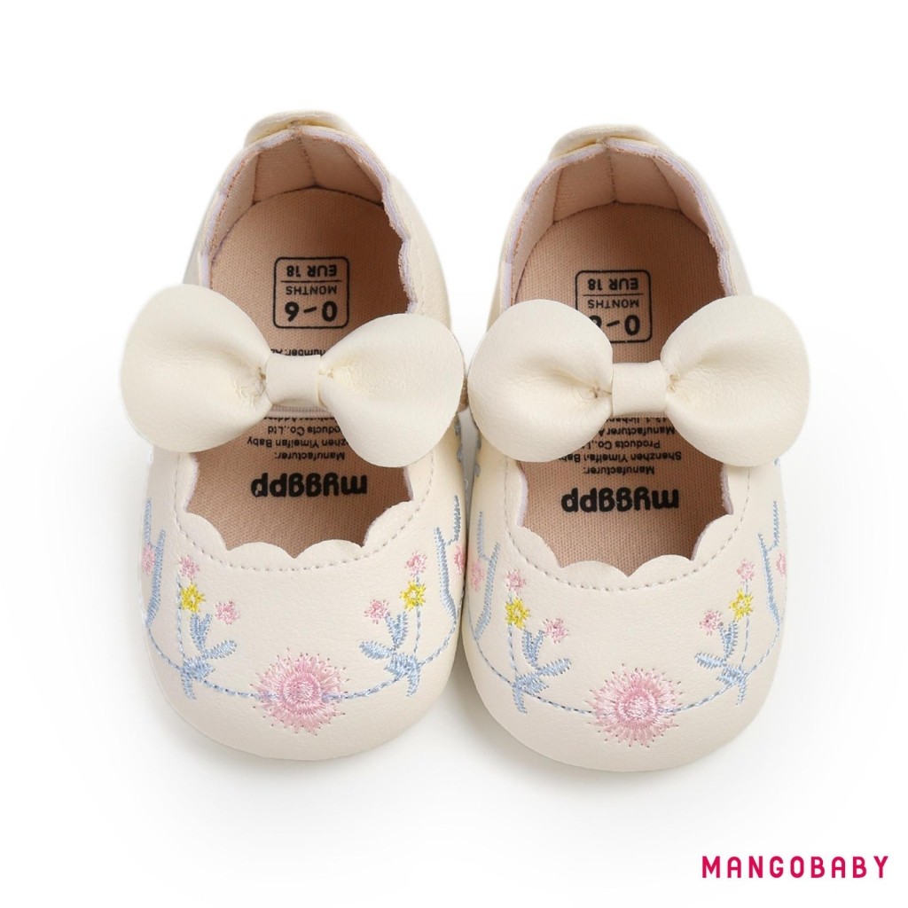 รองเท้าเจ้า princess สำหรับเด็กหญิง พร้อม bow หรู ทำจากหนังPUประดับลายดอกไม้ นุ่มและลื่นสำหรับเด็กวัยเรียนรู้การเดิน