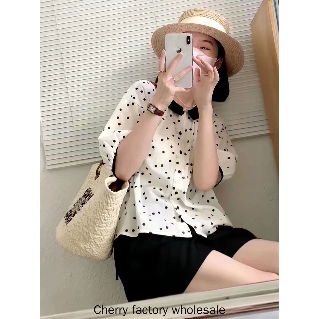 เสื้อเชิ้ตผ้าชีฟองลายจุดสำหรับสตรี พวงแขน สไตล์ใหม่-fashion สำหรับผู้หญิง