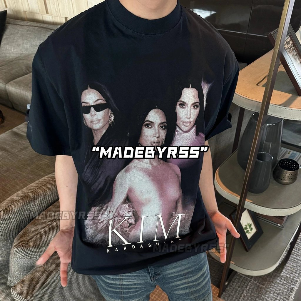 เสื้อยืดแขนสั้นสไตล์ Kardashian Kim พร้อมลายพิมพ์ distressed hole สำหรับฤดูใบไม้ผลิและฤดูร้อน