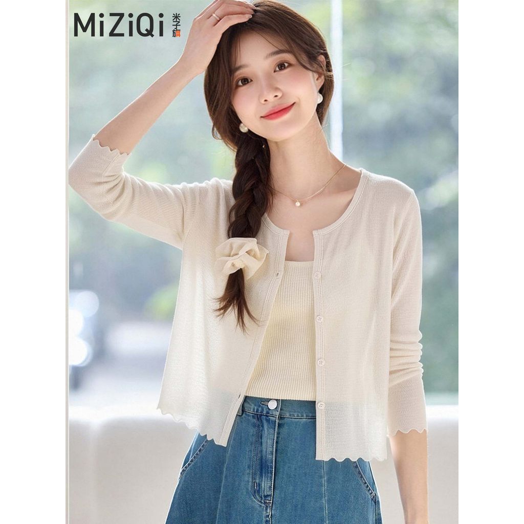 ถักคาร์ดิแกนผู้หญิง Miziqi Retro ลายPhil Island บางนุ่ม สลิมฟิก แขนยาว เสริมการป้องกันแสงแดด ในสไตล์ฤดูร้อน