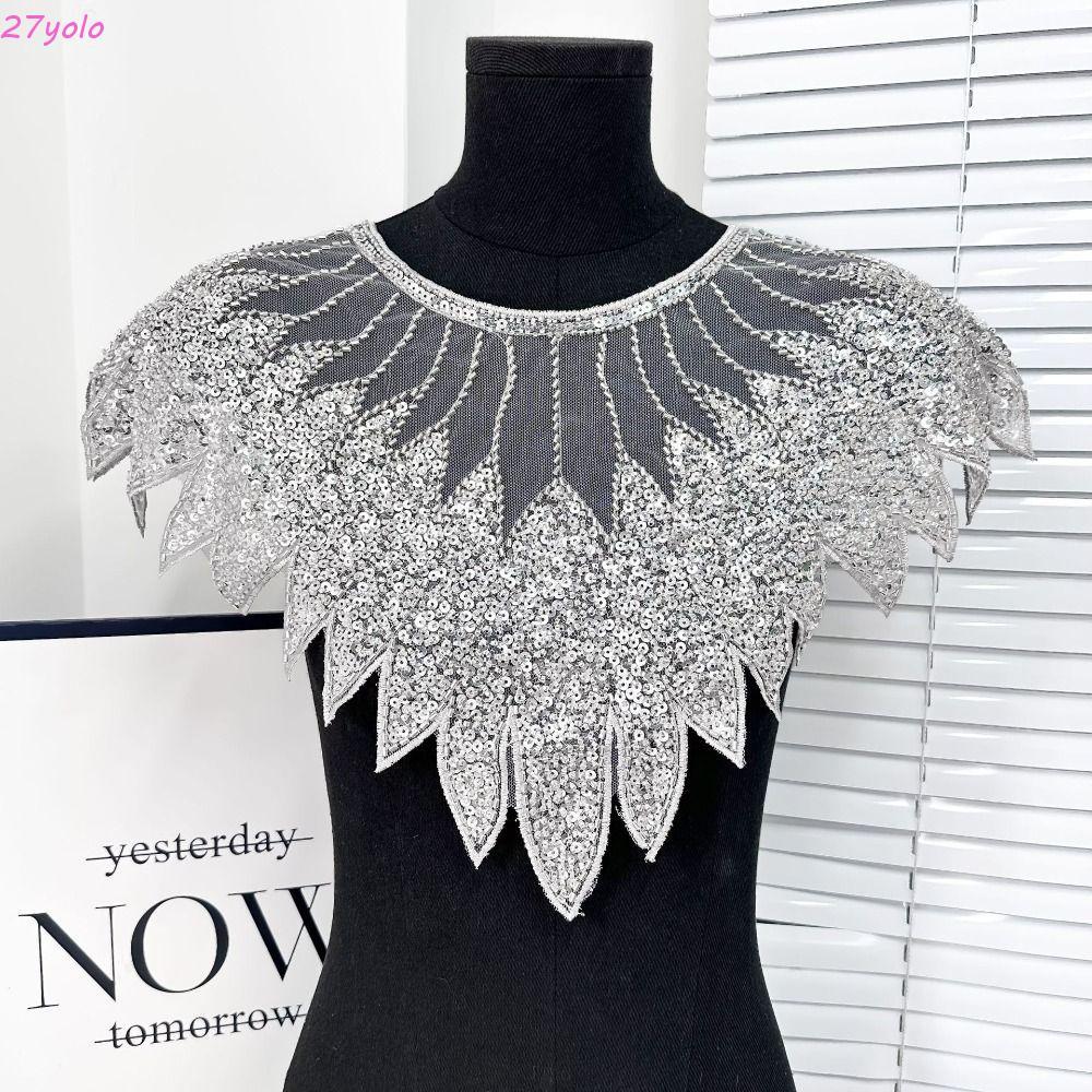 YOLO เลื่อมลูกไม้และลูกปัด Applique บนรอบคอ ปกปลอมประณีต สำหรับเสื้อผ้าผู้หญิง