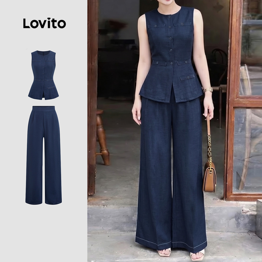 Lovito เสื้อเบลาส์หรือกางเกงชั้นบนที่หรูหรา ตกแต่งขอบตัดกัน เรียบง่าย สบายตา สําหรับฤดูใบไม้ผลิ/ฤดูร้อน สีฟ้ากรมท่า สําหรับผู้หญิง LK4ED1041