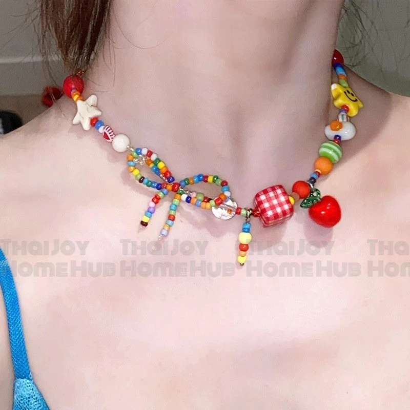 ส่งเร็วจากไทย! Summer Colours โบว์ เชือกลูกปัด เค้นคอสาว สร้อยคอ ภาพถ่ายการเดินทางวันหยุด การออกแบบDopamine เดินทางวันหยุด เครื่องประดับแฟชั่น