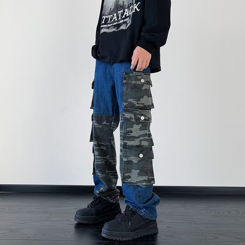 Heavy Camouflage Retro Distressed Washed Overalls กางเกง Hong Kong Celebrity Mature กางเกงผู้ชาย Con