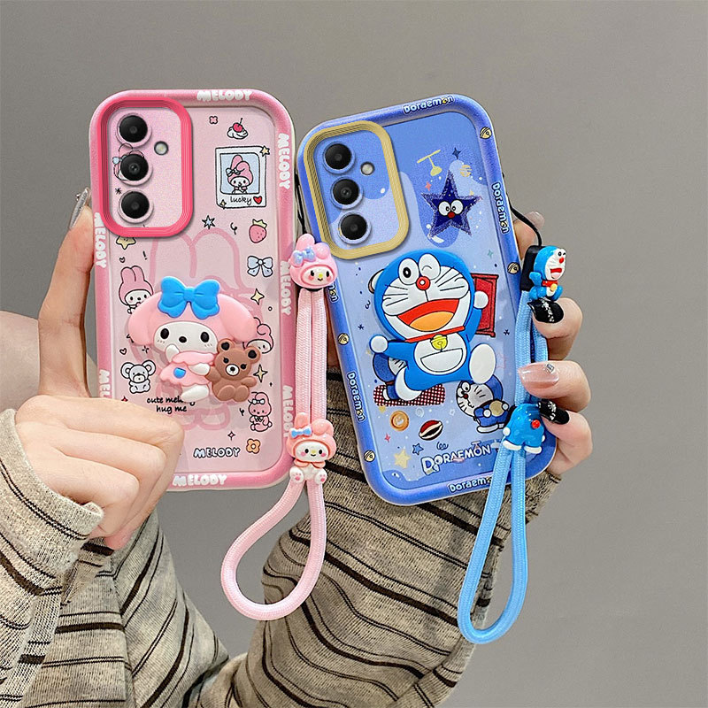 สําหรับ Samsung Galaxy A56 5G น่ารักสีชมพู Bunny & Blue Robot Cat การ์ตูนเคสโทรศัพท์ 3D รูปตกแต่งซิลิโคนอ่อนนุ่มกันกระแทกพร้อมสายคล้องมือจับคู่