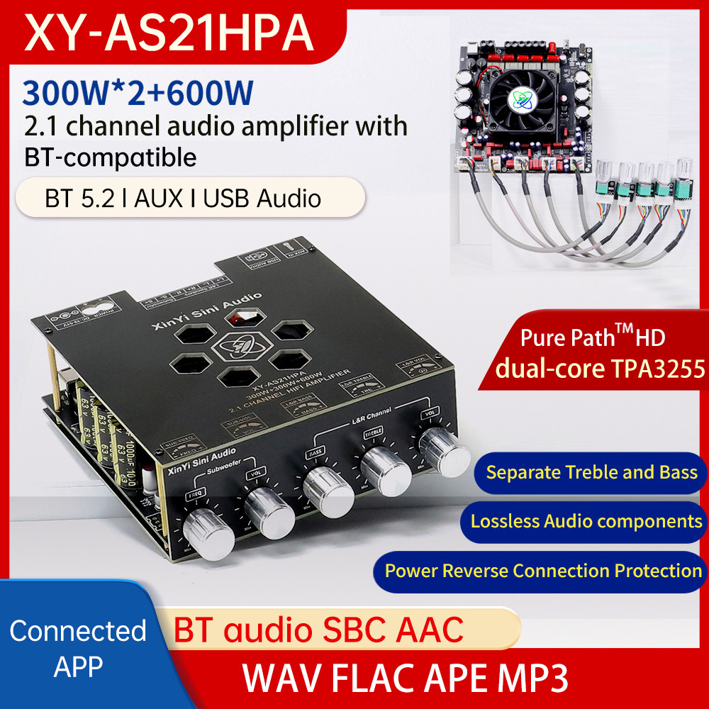 บอร์ดแอมป์ดิจิทัลบลูทูธ ช่อง 2.1 ซับวูฟเฟอร์ 300W×2+600W ชิป TPA3255 นำเข้า รุ่น AS21Hpa