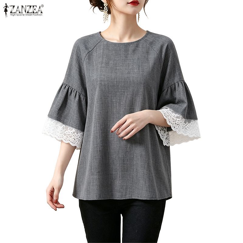 ZANZEA ใส่ ซานเซีย ผู้หญิงเกาหลีสบายๆรอบคอครึ่งแขนหลวมนัวเนียแขนลูกไม้ ประกบกัน เสื้อ — صورة 6