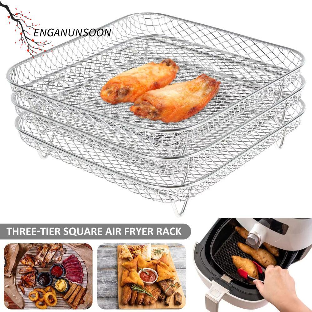 ENGANUNSOON ตะแกรงย่าง, ตะแกรงทอดอากาศวางซ้อนกันได้ไม่ติด, สแตนเลส Airfryer ถาด อุปกรณ์ครัว