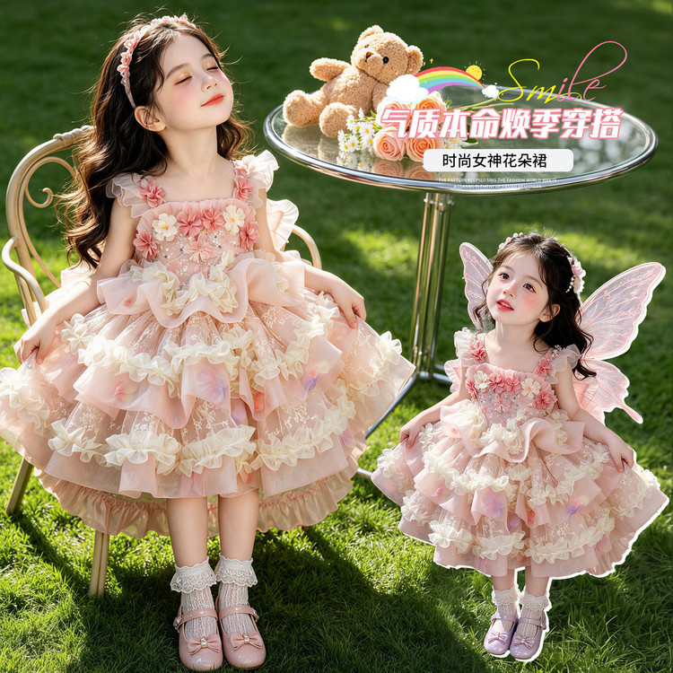 สาวดอกไม้นางฟ้าเจ้าหญิงชุดTulle,สีชมพูอ่อนTiered Ruffle Ballชุด3Dดอกไม้Appliqués,เด็กพรรคเครื่องแต่งกาย