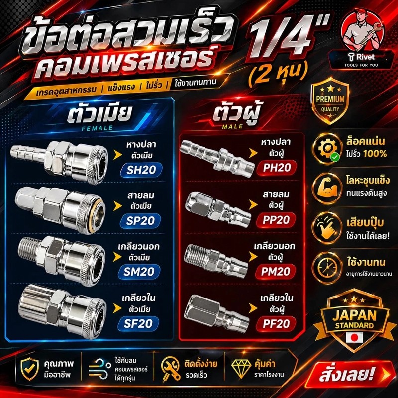 ข้อต่อสวมเร็ว คัปเปิล ขนาด 1/4" (2 หุน) ข้อต่อ คอปเปอร์ ใช้ต่อกับสายลม ข้อต่อสายลม ปั๊มลม เครื่องมือ เกลียวนอก เกลียวใ..