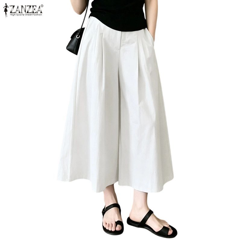 ZANZEA ผู้หญิงเกาหลี Minimalist Commute เอวสูง Pleats Cropped กางเกงขากว้างแข็ง